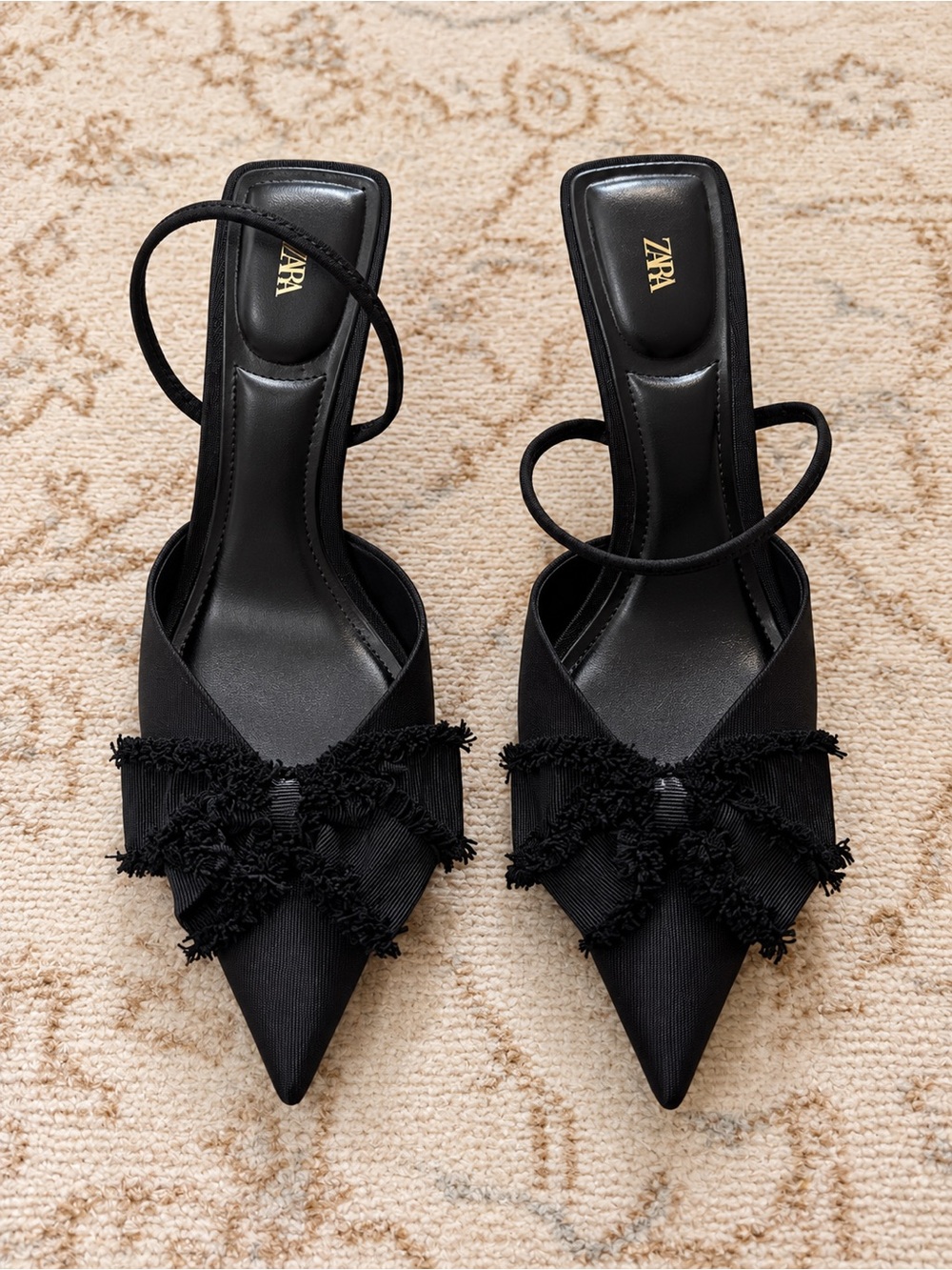 Zara Black Pointed Bow-Embellished Slingback Heels
